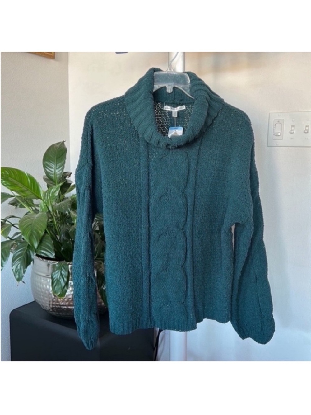 NWT Seven7 Cable Knit Chenille Pullover Sweater Sz L Deep Teal Cowl neck